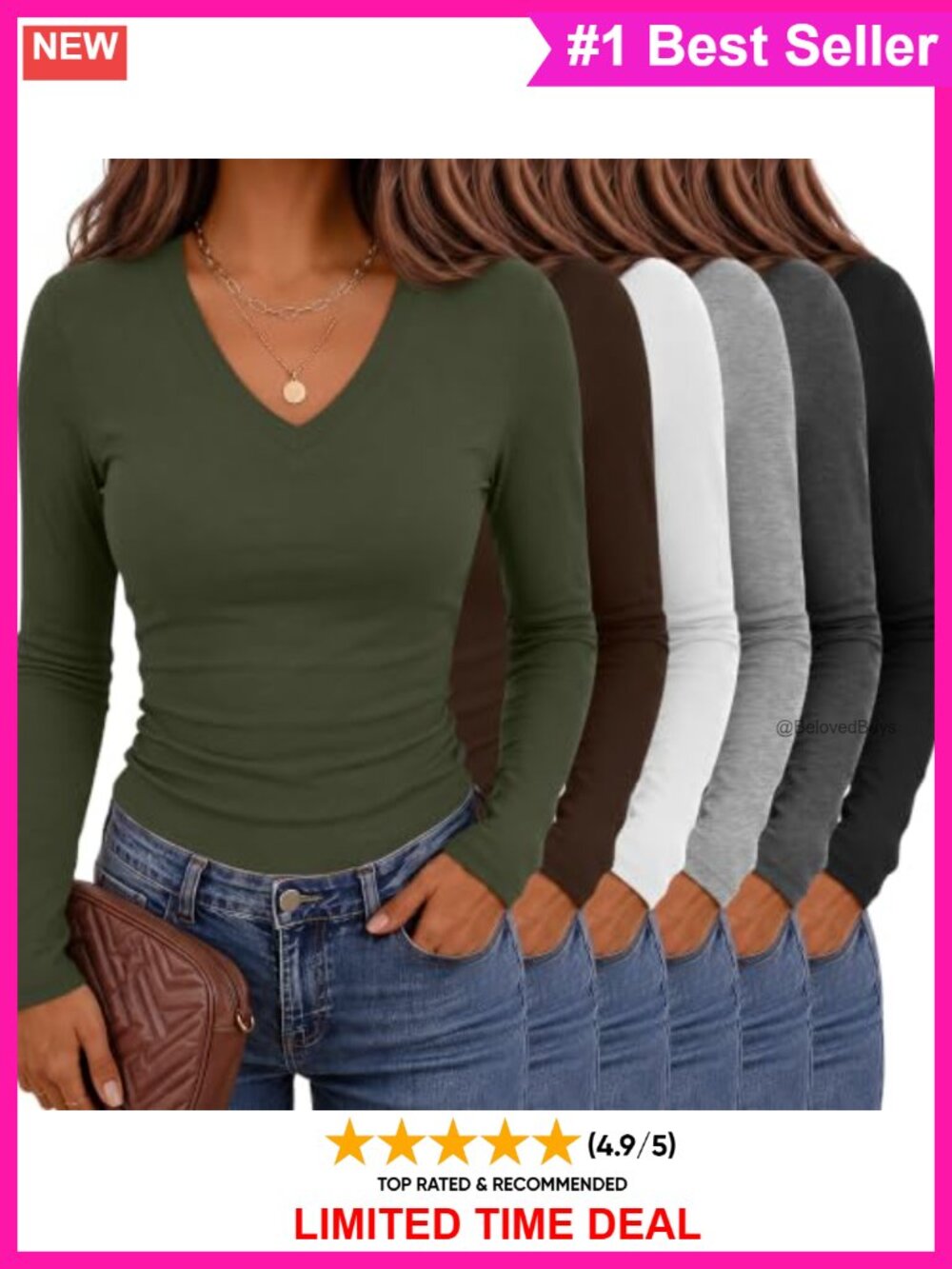 V Neck Long Sleeve T-Shirts Slim Fit Bodycon Cotton Blend 6 Pack